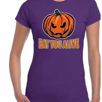 Foute halloween eat you alive t shirt paars voor dames party
