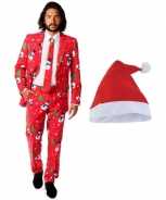 Foute heren opposuits kerst party kleding rood met kerstmuts maat 52 xl