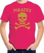 Foute piraten shirt shirt goud glitter roze voor kinderen party